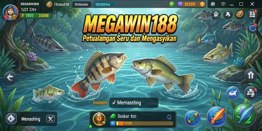 Antarmuka MEGAWIN188 menampilkan pemandangan memancing yang menakjubkan dan interaktif.
